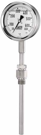 Sika Diesel Engine Dial Thermometer, gas-filled system, Type 1312, crimped-on ring case, stainless steel, nominal size 100mm, filled with silicone oil, display range +50...+650°C, bottom connection, L=245xØ12mm, L1=200mm, stainless steel, G3/4" thread, adjustable compression fitting male, steel